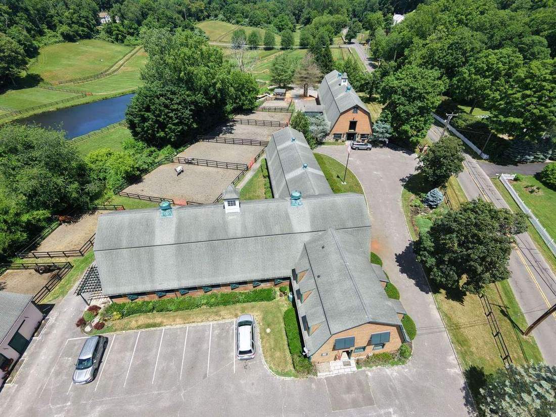 The barns and sand paddocks from above