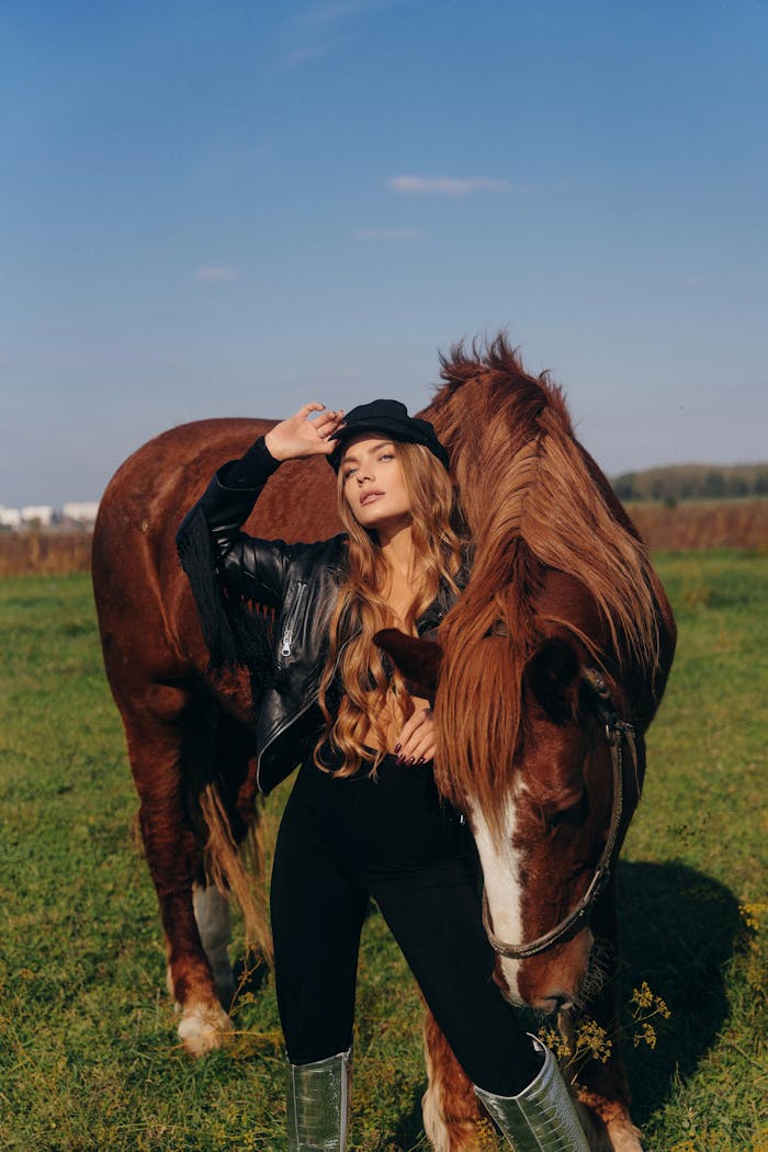 A woman in stylish attire poses confidently with a horse in a scenic outdoor setting.